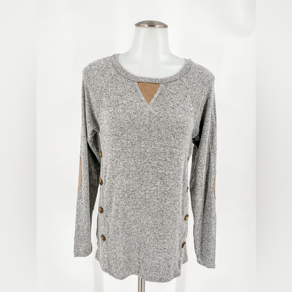 MOA MOA Heather Gray Pullover Decorative Button Long Sleeved Tunic Top